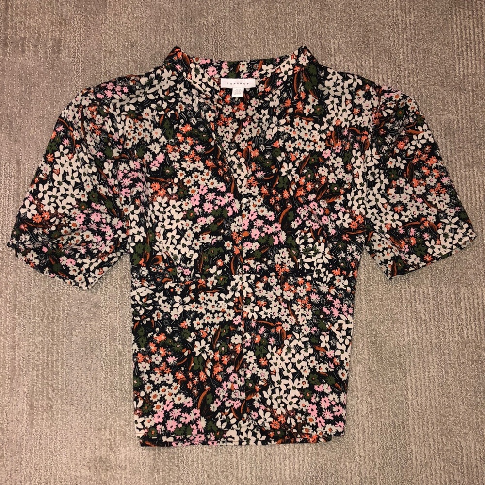 Top Shop Floral Button Down Puff Sleeve Blouse